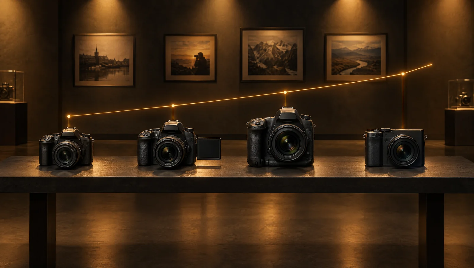 Камеры разных поколений на столе и линия роста — эволюция Canon EOS