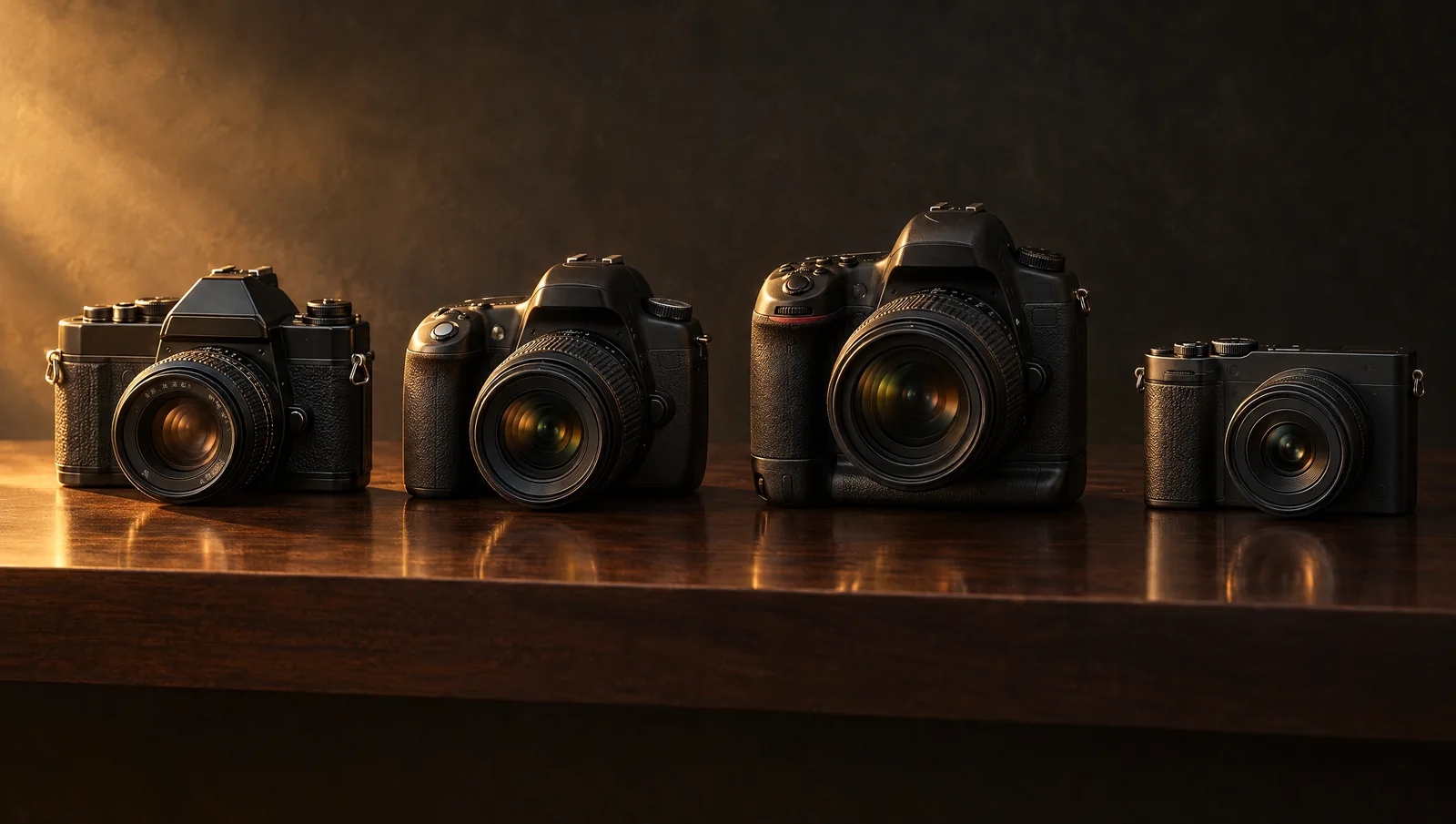 Ряд фотоаппаратов разных эпох на полке — раздел о камерах Canon EOS